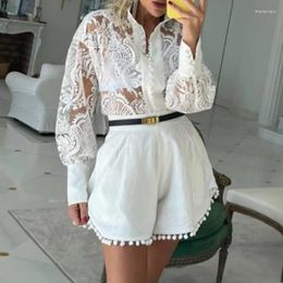 Women's Blouses Women Suit 2023 Autumn Lapel Long-sleeved Hollow See-through Shirt And Shorts Two-piece Set