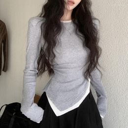 Women's T Shirts O-neck Sexy Slim Asymmetric Long-sleeved T-shirt Women 2023 Autumn Streetwear Contrast Color Patchwork Casual Tops
