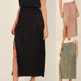 Skirts Women Bodycon Skirt Sexy Woven Pleated Slit Mid-Waist Bag Hip Elastic Waistband Long Soft Summer Tunic