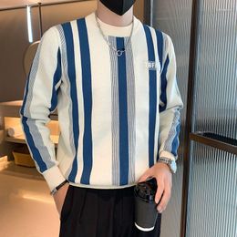Men's Sweaters Knit Sweater Male Blue Crewneck Round Collar Clothing Striped Pullovers Neck Heated Elegant Korean Autumn Clothes Ugly Old