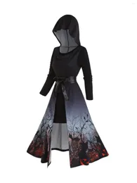 Women's Hoodies Halloween Bat Tree Branches Print High Slit Long Hooded Dress And Lace Panel Sleeve Mini Tee Two Piece Set