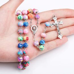 New Religion Cross Pendant Rosary Necklaces For Women Colourful Soft Pottery Beads long Chain Virgin Mary Jewellery LL