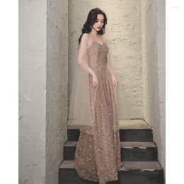 Ethnic Clothing Women Exquisite Sequin A-Line Party Prom Dress Elegant V Neck Spaghetti Strap Long Floor Length Evening Gown