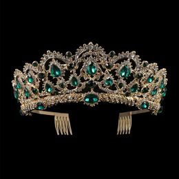 European Drop Green Red Crystal Tiaras Vintage Gold Rhinestone Pageant Crowns With Comb Baroque Wedding Hair Accessories257G