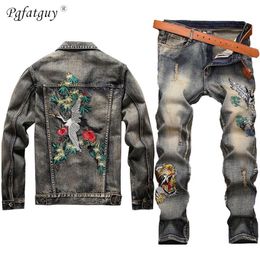 New Men Vintage Sets Embroidered Red Crowned Crane Hole Distressed Jackets Embroidered Tiger Jeans Mens Clothing 2 Piece Set LJ23296