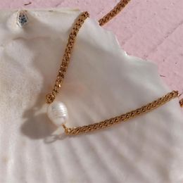 Chains 2021 Minimalist Natural Freshwater Pearl Pendant Cuban Link Chain Choker Necklace Stainless Steel Gold2411