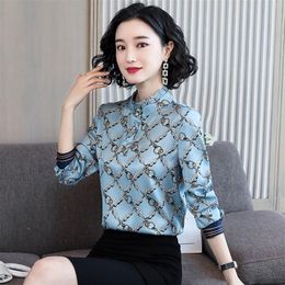 Luxury Runway Silk Satin Ruffle Shirts Long Sleeve 2023 Women Vintage Mock Neck Printed Button Shirt Casual Spring Autumn Winter O259w