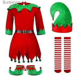 Theme Costume 6Pcs/Set Adults Kids Christmas Elf Come Kits Striped Dress Hat and Shoes Festival Party Clothes Stage Performance WearL231010