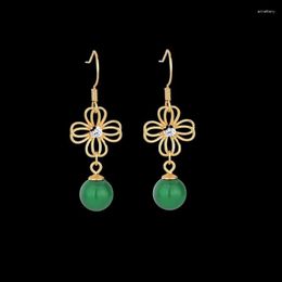 Dangle Earrings Green Jade Flower Amulet Vintage Women Gemstone Jewelry Luxury Amulets Carved Gift Natural 925 Silver Fashion Stone