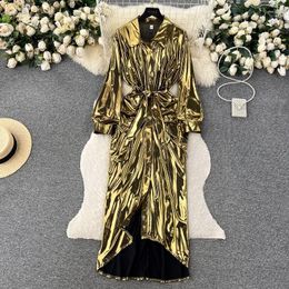 Casual Dresses Vintage Satin Dress Women Sexy Single Breasted Luxury Solid Vestidos Femenino Polo Neck European And American Style