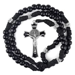 Chokers Black Paracord Men Rosaries 12mm Acrylic Beads Cross Necklace for Soldier Catholic Rugged Rosary 231010