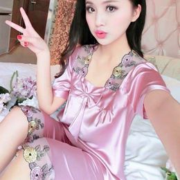 Women's Sleepwear Summer Womens Silk Satin Pajamas Set Short Sleeve Lace Pajama Suit Female Sleep Two Piece Loungewear E22