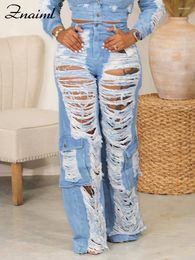 Women's Pants Znaiml Wide Legs High Waisted Pockets Straight Loose Jeans Trousers Womans Streetwear Baggy Hole Ripped Denim Pantalones