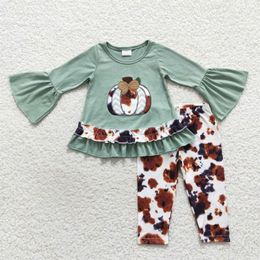 Clothing Sets Wholesale Kids Toddler Thanksgiving Outfit Embroidery Pumpkin Green Cotton Tunic Baby Girl Cow Print Pants Infant Children Set