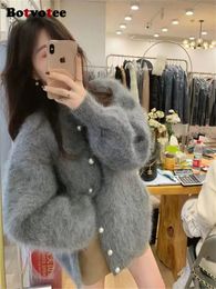Women's Wool Blends Botvotee Solid Knitted Cardigan Women Autumn Winter 2023 Fashion Vintage Loose O Neck Sweater Casual Single Breasted Cardigans 231011