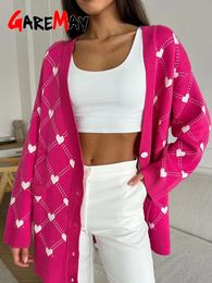 Women's Sweaters Pink Women's Oversize Cardigan with Hearts Print Cute Soft Vneck Thin Knitted Jacket Winter Button Vintage Cardigan for Women 231010