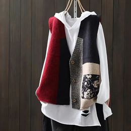 Women's Vests Spring and Autumn Cardigan Vneck Sleeveless Button Print Panel Vintage Knitted Vest Fashion Casual Sweater Tank Tops 231010