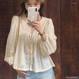 Women's Blouses Semi-Transparent Sunscreen Tops Blusas Woman Cute Sweet Japan Girls Retro Vintage Hollow Out Lace Bow Tie Belly Short Shirts