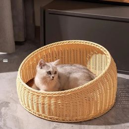 Cat Beds Furniture Rattan Cat Nest Four Seasons Universal Open Cat House Cat Bed Summer Cat Cool Nest Hand-woven Cat Supplies 231011