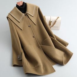 Womens Wool Blends MidLength DoubleSided Cashmere Coat Female Autumn Navy Collar Woolen PH004 231010