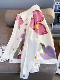 Women's Jackets Jmprs Harajuku Women Denim Jacket Loose Bf Print Floral Designed Jeans Coats Spring White Y2K Female Outwear 231010