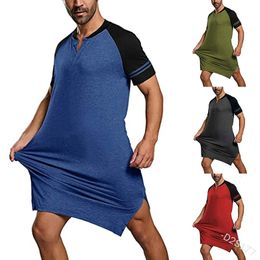 Men's Sleepwear 2024 Mens Nightgown Fashion Patchwork Sleep Robe Solid Sleepwear Man Short Sleeve Bathrobe Loose V Neck Nightwear Onesie S-5XL 231011