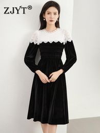 Casual Dresses ZJYT Autumn Fashion Lace Patchwork Velvet For Women 2023 Elegant Designer Long Sleeve Black Vestidos Party Vintage Robe