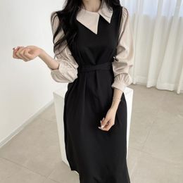 Casual Dresses Women's Autumn Patchwork Long Dress With Belt Asymmetrical Collar Full Sleeve High Waist Female 2023