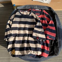Men's T Shirts 2023 Korean Fashion American Retro Stripe Contrast Short Sleeve T-shirt Hong Kong Style Loose Embroidered Top