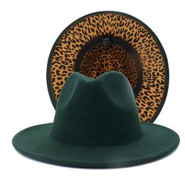 Outer Turquoise Inner Leopard Patchwork Wool Felt Jazz Fedora Hats Women Men Winter Green Panama Two Tone Party Formal Hat3213
