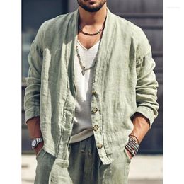 Men's Casual Shirts Shirt Button Long Sleeve Collarless Daily Vacation Vee-Neck Collar Clothing 2023 Fashion Outer Wear Lazy Style Vintage