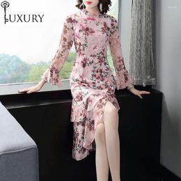 Casual Dresses Qipao Top Quality Brand 2023 Autumn Women Elegant Floral Print Ruffle Sexy Asymmetrical Style Pink Green Dress Clothings