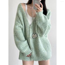 Women's Knits Thick V Neck Oversized Knit Cardigan Chunky Sweater Green Grey 2023 Autumn Warm Coat