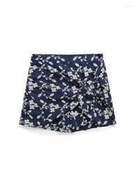 Women's Shorts Summer Floral Embroidery Dark Blue Women Bow Folds