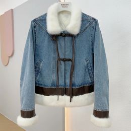 Womens Fur Faux s Fashion Denim Goose Down Natural Mink Collar White Filling Inner Lining HighEnd Jacket 231010