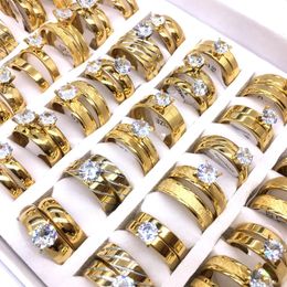 Wedding Rings MixMax 20 Sets of 2 IN 1 Hand Inlay Zircon Stone Golden Plated Stainless Steel Rings for Men Women Wedding Band Party Jewellery 231012