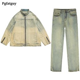 Loose Casual Jacket Jeans Sets for Men and Women Retro Style Zipper Denim Coat and Pants Hip Hop Oversized 2pcs Streetwear