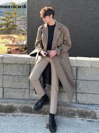 Men's Wool Blends Mauroicardi Autumn Winter Long Warm Loose Casual Colourful Plaid Woollen Coat Men Belt Double Breasted Luxury Korean Fashion 2023 231011