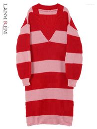 Women's Sweaters LANMREM Striped Knitted Sweater For Women Round Neck Loose Long Color Block Female Trendy Warm Pullover Autumn Winter