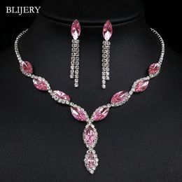 Wedding Jewelry Sets BLIJERY Fashion Pink Crystal Prom for Women Accessories Floral Tassel Necklace Earrings Bridal 231012