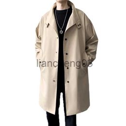 Men's Trench Coats Long Trench Coat Men Classic British Windbreaker Autumn Casual Stand Long Trench Coat Men Grey Beige Black Long Coat Men J231012