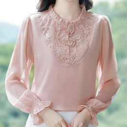 Women's Blouses Standing Collar Lace Embroidery Flower Beaded Chiffon Shirt Long Sleeved Autumn 2023 Fashion Blouse Sweet Top Female