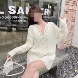 Women's Sweaters V-neck Fried Dough Twists Sweater Medium Length Autumn And Winter Clothes Lazy Style Gentle Pullover Knitted Top