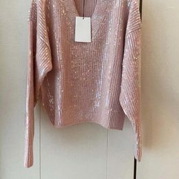 Women's Sweaters Y2K Women Sequin V-neck Sweater Fashion Runway Slimming Pink Knitted Pullovers Gentle Solid Dropped Shoulder Clothing