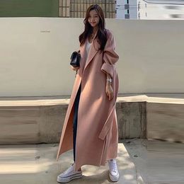 Women' Blends Fashion Belt Woollen Coat Mid Length Autumn Winter High End Loose Over Knee Korean 231012