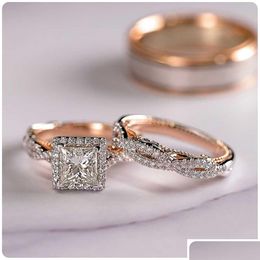 Charm Couple Rings Men Stainless Steel Rhinestones Zircon Women Wedding Band Set Valentine Day Jewellery Dhgarden Otbkp