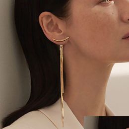 Vintage Gold Color Bar Long Thread Tassel Drop Earrings For Women Glossy Arc Geometric Korean Fashion Jewelry Hanging Pendien Dhgarden Otvhj