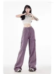 Women's Jeans Vintage Purple Cargo Pants Style Multi Pocket High Waist Casual Loose Drag Thin Wide Leg