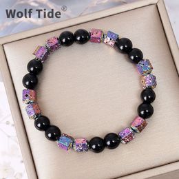 New Colourful Frosted Volcano Lava Rock Black Bracelets Bright Multi-color Nature Stone Beads Beaded Bracelet For Mens Hand Jewellery Adjustable For Best Friends