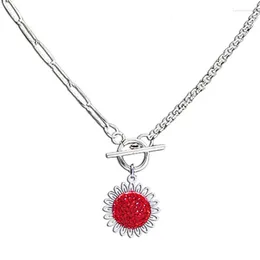 Pendant Necklaces Fashion Sunflower Red Crystal Stainless Steel Chain Necklace Women/Men Bohemian Small Daisy Pearl Collar Jewellery N4905S06